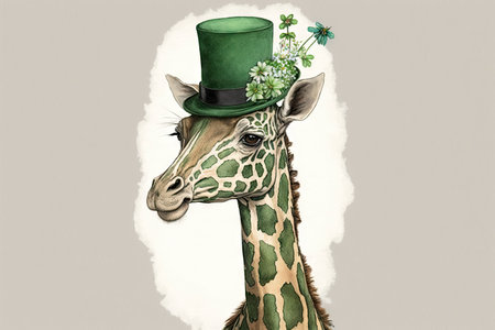 Happy St. Patrick's Day Giraffe with Green Bow Tie and Flowers. Perfect for Greeting Cards and Invitations. Generative AIの素材