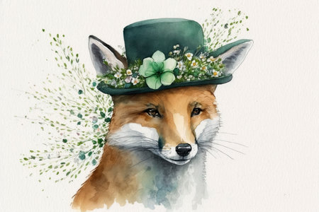 Happy St. Patrick's Day Fox with Shamrock Hat and Flowers Watercolor Art. Perfect for Greeting Cards and Invitations. Generative AIの素材