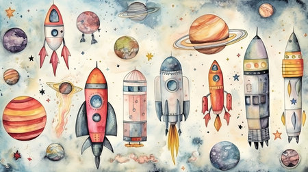 Kids' Cartoon Space Adventure: Hand-Drawn Watercolor Background with Rockets, Planets, Stars, and Astronaut. Generative AIの素材