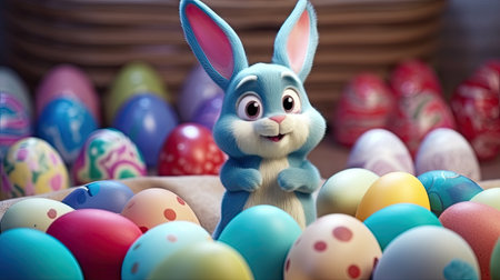 Colorful Easter Bunny with Eggs for Festive Greetings. Generative AIの素材