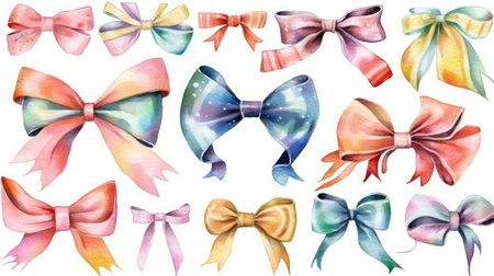 Colorful Hand-Drawn Bows and Ribbons for Invitations and Scrapbooking. Generative AIの素材