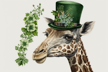 Happy St. Patrick's Day Giraffe with Green Bow Tie, Hat, and Flowers. Perfect for Greeting Cards and Invitations. Generative AIの素材