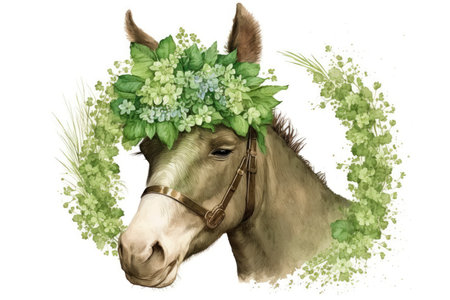 Happy St. Patrick's Day Donkey with Clover Wreath, Hat, and Flowers. Perfect for Greeting Cards and Invitations. Generative AIの素材
