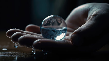 Earth in Hand: A Cinematic Composition of a Water Drop. Perfect for Environmental Campaigns. Generative AIの素材