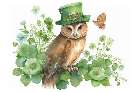 Happy St. Patrick's Day Owl with Clover Hat and Flowers Watercolor. Perfect for Greeting Cards and Invitations. Generative AIの素材