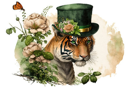 Happy St. Patrick's Day Tiger with Lucky Clover Hat and Flowers Watercolor Artwork for Greeting Cards and Posters Generative AIの素材