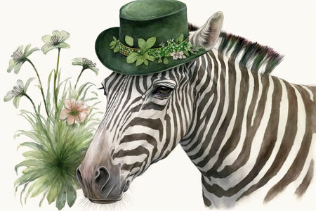 Happy St. Patrick's Day Zebra with Lucky Clover Hat and Flowers Watercolor Art. Perfect for Greeting Cards and Invitations. Generative AIの素材