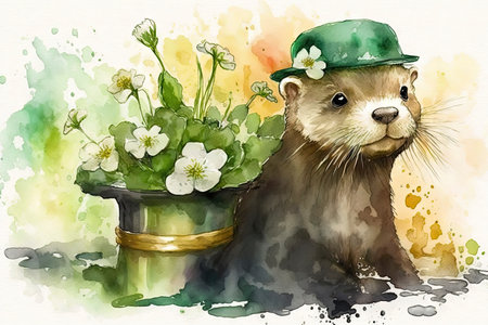 Happy St. Patrick's Day Otter with Pot of Gold and Flowers Watercolor Art for Greeting Cards. Generative AIの素材