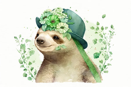 Happy St. Patrick's Day Sloth with Green Hat and Flowers Watercolor Art. Perfect for Greeting Cards and Invitations. Generative AIの素材
