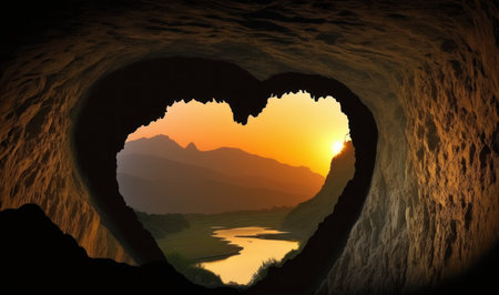 Ethereal Heart-Shaped Cave on River and Mountains at Sunset for Romantic Invitations. Generative AIの素材