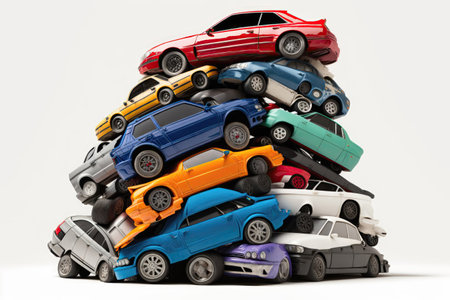 Chaos on White: A High-Resolution Photo of a Car Pile. Perfect for Posters and Landing Pages. Generative AIの素材