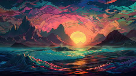Sunset over Ocean Waves and Mountains in Psychedelic Helix Pattern. Perfect for Posters and Landing Pages. Generative AIの素材