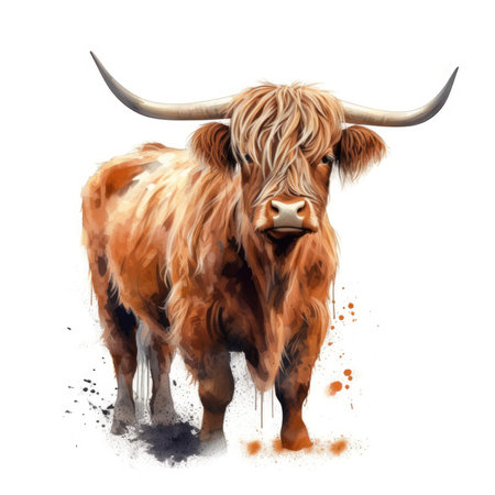 Realistic Highland Cow on White Background for Posters and Invitations. Generative AIの素材