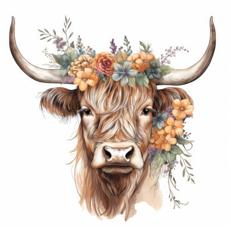 Floral Adorned Highland Cow on White Background for Invitations and Posters. Generative AIの素材