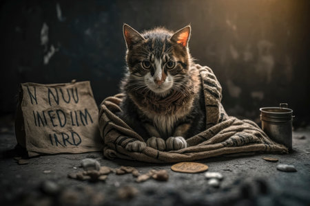 Hope for Homeless: Sad Cat Sitting on Blanket with Sign. Generative AIの素材