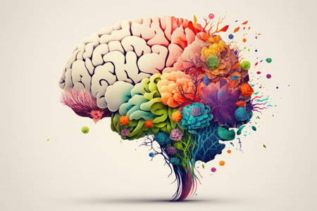 Colorful Flowers Surrounding Human Brain on White Background for Medical Presentations. Generative AIの素材