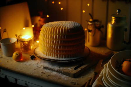 Delicious Homemade Honey Cake with Candles in the Kitchen for Celebrations. Generative AIの素材