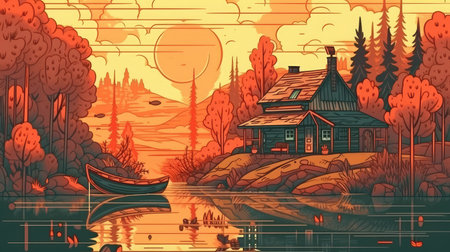 Enchanting Cartoon House in the Forest with a Boat on the Lake. Perfect for Children's Book Illustrations. Generative AIの素材