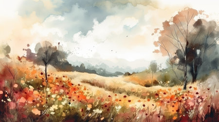 Autumn Flower Meadow Watercolor Illustration for Invitations and Posters. Generative AIの素材