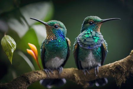 Vibrant Hummingbirds in the Lush Forests of Costa Rica. Perfect for Nature-Themed Invitations and Posters. Generative AIの素材