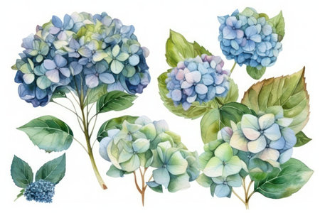 Watercolor Hydrangea Set for Wedding Invitations. Generative AIの素材