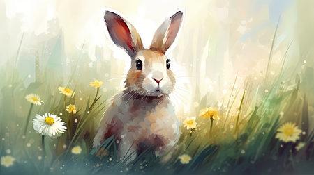 Cute Bunny on a Spring Wildflower Meadow. Perfect for Easter Invitations. Generative AIの素材
