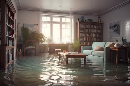 Flooded Flat Interior: A Surrealistic View of a Disaster. Generative AIの素材