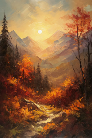Vintage Impressionism Oil Painting: Majestic Mountain Range at Sunset. Perfect for Wall Art. Generative AIの素材