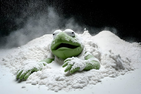 Kermit the Frog in a White Powder Pile. Creative Design for Posters and Invitations. Generative AIの素材