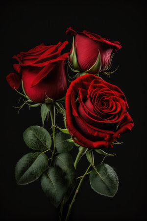 Vibrant Red Rose Bouquet on Black Background for Invitations and Posters. Generative AIの素材
