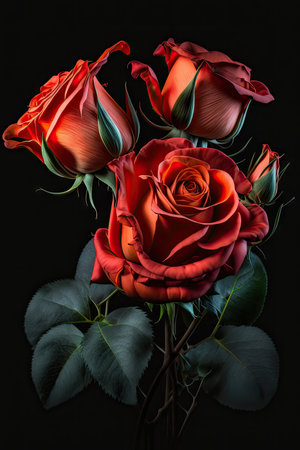 Vibrant Red Rose Bouquet on Black Background for Invitations and Posters. Generative AIの素材