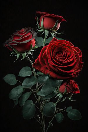 Vibrant Red Rose Bouquet on Black Background for Invitations and Posters. Generative AIの素材
