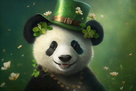 Joyful Panda Celebrating Saint Patrick's Day with Four-Leaf Clover Hat and Flowers. Perfect for Greeting Cards and Invitations. Generative AIの素材