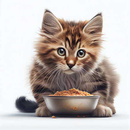 Beautiful Cat Eating Food on White Background. Perfect for Pet Food Ads. Generative AIの素材