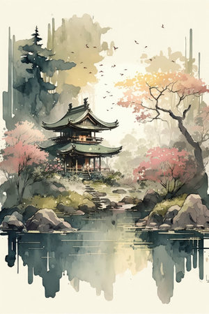 Enchanting Japanese Watercolor Landscape with a Fairy Garden Vibe for Invitations and Posters. Generative AIの素材