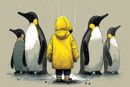 Adorable Kid in Yellow Raincoat Standing Among Penguins Illustration for Children's Book. Generative AIの素材