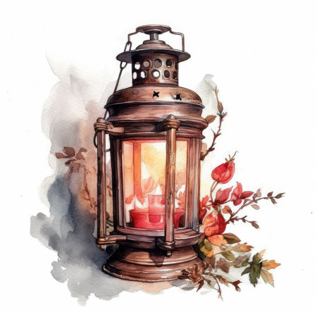 Luminous Lantern on a White Watercolor Background for Invitations and Posters. Generative AIの素材