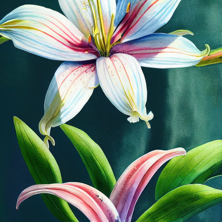 Plenty of Watercolor Lilies on White Background for Invitations and Posters. Generative AIの素材