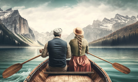 Romantic Date on a Lake: Young Couple in a Boat with Alpine Mountains in the Background. Generative AIの素材