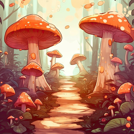 Enchanted Mushroom Forest Cartoon on White Background. Perfect for Invitations and Posters. Generative AIの素材