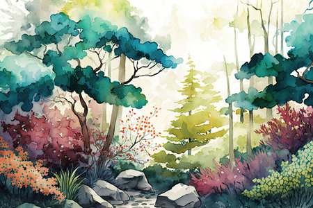 Fresh Blooming Forest Watercolor Painting for Invitations and Posters. Generative AIの素材