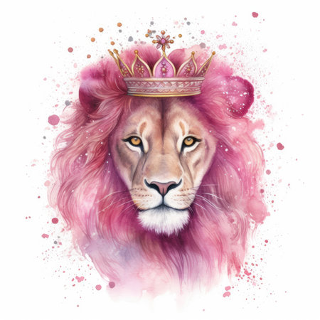 Sparkly Pink Lion Princess Illustration on White Background for Children's Invitations and Posters. Generative AIの素材