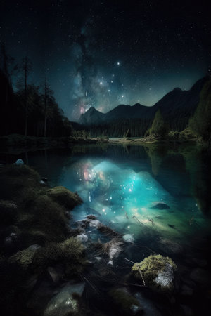 Enchanting Nighttime Reflections on a Lake. Perfect for Wallpapers. Generative AIの素材