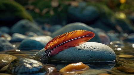 Colorful Feather Floating in a River. Perfect for Scrapbooking. Generative AIの素材