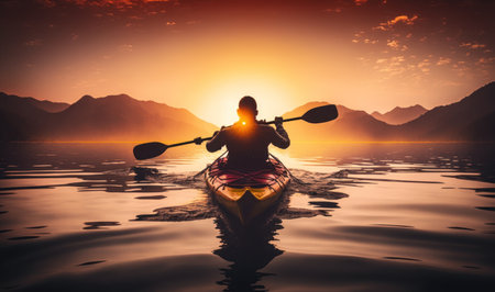 Kayaking in Unity with Nature at Golden Sunset. Perfect for Adventure Travel. Generative AIの素材