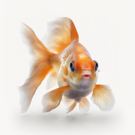 Majestic Lionhead Goldfish Swimming Gracefully on White Background for Aquarium Enthusiasts. Generative AIの素材