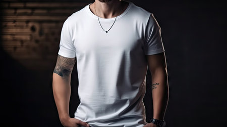 Blank White T-Shirt Mockup on Man's Half Body with Blurred Background. Perfect for Clothing Brand Promotion. Generative AIの素材