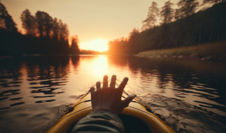 Kayaking in Unity with Nature at Golden Sunset. Perfect for Adventure Travel. Generative AIの素材