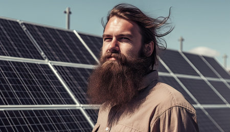 Eco-Friendly Energy: Man with Beard Standing in Front of Solar Panel. Generative AIの素材
