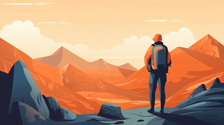 Adventurous Man with Backpack on Abstract Mountain Background. Generative AIの素材